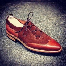 Handmade Men Maroon Color Suede Leather Wing Tip Rounded Toe Tan Sole Shoes - £119.87 GBP+