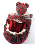 Red Tartan Plaid Fabric 8&quot; D Handled Basket/10&quot; T Bear with Lace Ruffles... - $14.95