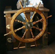 Large 36&quot; Boat Ship Wooden Steering Wheel Brass Center Nautical Wall Dec... - £124.98 GBP