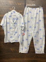 VGT Carole Pajama Pant Set Women 2XL Blue Roses Short Sleeve 2-Piece Top... - £24.02 GBP