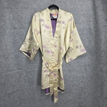 Oriental Kimono Robe Women One Size Gold Lavender Satin Embroidered Knee... - $46.27