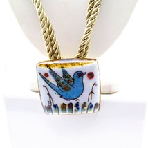 Hand Painted Bird Pendant Necklace, Vintage Bluebird Art on Double Strand Rope - £29.50 GBP