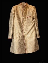 Gold Brocade Mens Wedding Sherwani Nehru Collar Jacket Size 42 - $79.48