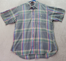 Evan Picone Shirt Men Large Multi Plaid Cotton Short Sleeve Collared Button Down - £12.32 GBP
