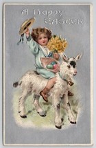 Easter Greetings Victorian Child Riding Lamb Embossed Postcard W26 - $11.95