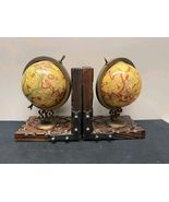 Vintage Globe Bookends Pair | Old World Map, Bronze Tone w/ Wood Base - $116.62