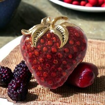 Vintage Strawberry Brooch Pin Red Enameled Gold Tone MCM Summer Fruit Shiny - £13.25 GBP