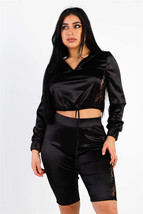 Women&#39;s Satin Lace Details Long Sleeve Hooded Crop Top &amp; Biker Short Set - $453.06 MXN