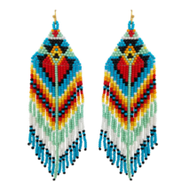 Beaded Aztec Pattern Tassel Drop Earrings Teal Red Yellow Native Handmade - £12.95 GBP