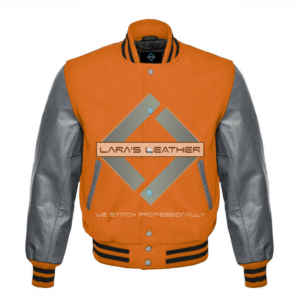 Unisex American Varsity College Orange Wool Jacket with Gray Real Leather Sleeve