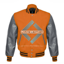 Unisex American Varsity College Orange Wool Jacket with Gray Real Leather Sleeve - £69.05 GBP+