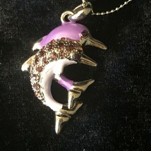 New Purple Double Dolphin Pendant Necklace Enamel Purple Lilac Rhinestone Fish - £9.68 GBP