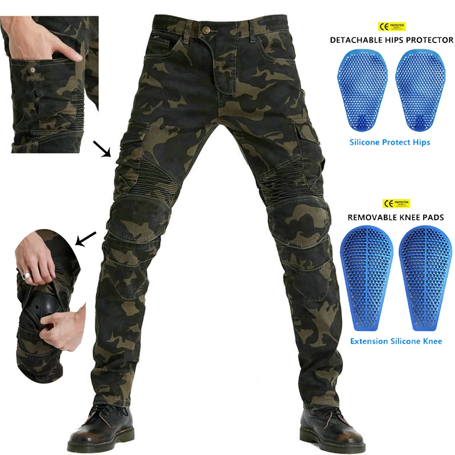 Men Motorcycle Outdoor Riding Rider Camo Jeans Equipment Protective Gear Road - £62.34 GBP+