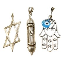 THREE (3) STERLING SILVER JEWISH PENDENTS: A MEZUZA, DAVID SHIELD AND A ... - $165.26