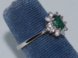 14k White Gold Ring With A Solitaire Synthetic Emerald In A Halo Of CZ  - £118.23 GBP