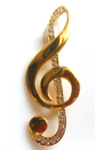 Vintage Large Gold-tone Rhinestone Musical Note Brooch 3&quot; Long - £10.89 GBP