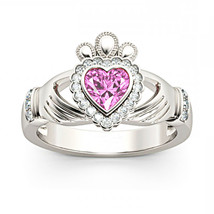 1.25Ct Simulated Sapphire &amp; Diamond Heart Claddagh Promise Ring Sterling Silver - £58.90 GBP