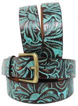 Men Women 1-1/2&quot; Wide Tan Leather Floral Tooled Casual Jean Belt 26FKBrown - $739.61 MXN+