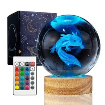 3D Axolotl Crystal Ball Night Light With 16 Color Led Wooden Base, Upgraded 3.15 - £31.96 GBP