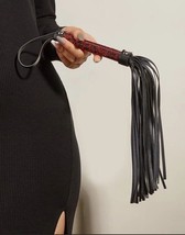 Black leather flogger whip - plait leather whip with tassels - brown handle - £14.83 GBP