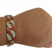 Mens Gold 14K GP Sand Blast Miami Cuban Link 16mm Bracelet 8.5&quot; Red Ruby Silver - £8.03 GBP