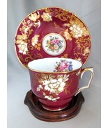 CROWN STAFFORDSHIRE Bone China Burgundy/Gold Floral Tea Cup &amp; Saucer Set... - $19.11