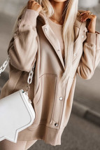 Beige Solid Color Pocketed Button Up Loose Hoodie - $46.55