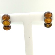 Vintage Sign 925 Sterling Three Natural Cognac Baltic Amber Stone Stud E... - £31.15 GBP