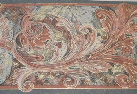 Wallpaper Border Taupe Green Grey Gold Coral Pink Acanthus Scroll Swirl ... - $14.83