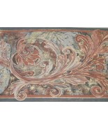 Wallpaper Border Taupe Green Grey Gold Coral Pink Acanthus Scroll Swirl ... - £11.63 GBP