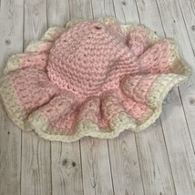 Vtg Doll Baby Crochet Pink Ruffle White Brim Bucket Hat Handmade 3.5&quot; Di... - $17.02