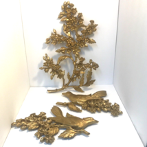 MCM 60s Syroco Birds and Flowering Dogwood Gold Wall Hanging USA Plaque Set of 3 - £38.75 GBP