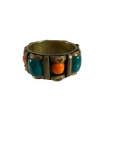 Copper Wide Bangle Bracelet Orange Green Beads Ornate Chunky Boho Unbranded - £19.83 GBP