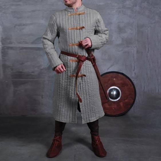 Medieval Gray Turtleneck Long Sleeve Padded Canvas Gambeson Tunic Battle Coat