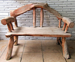 Large Vintage Outdoor Rustic Teak Log Bench with Log Back and Arms Mexico - £474.02 GBP