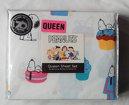 NIP Peanuts Cartoons Snoopy Queen Sheet Set Dog House Cupcake Ice Cream ... - $59.39