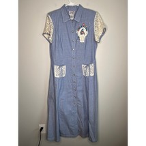 1990s Lacy After Noon Denim Chambray Coquette Cottage Floral Lace Maxi D... - $32.00