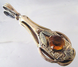 Art Deco Gold Filled Amber Paste Rhinestone Lavalier Necklace Pendant  - £23.98 GBP