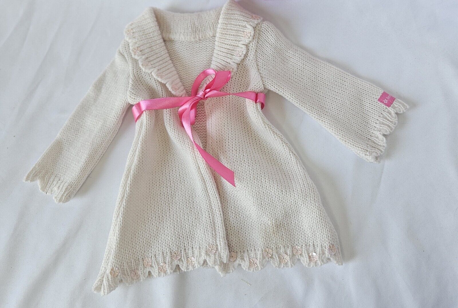 American Girl My AG White Pink Sweater  Sequences Pink Ribbon Tie Retired 18in - £10.35 GBP