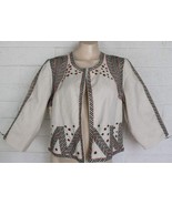 New Chico&#39;s 1 Ecru Artisan Embellished Tribal Beaded Linen Blend Jacket ... - $27.72