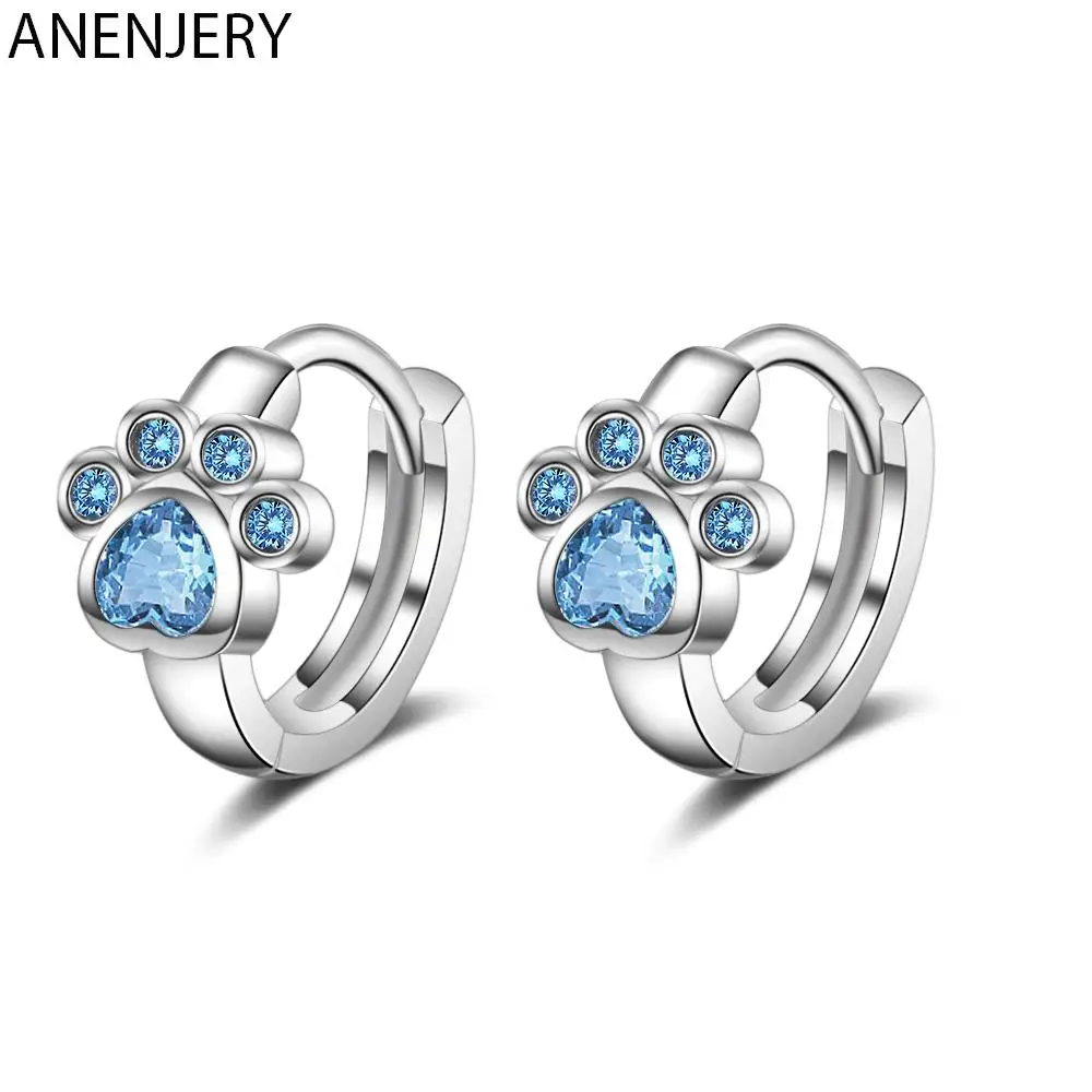 Silver Color Cute Cat Paw Hoop Earrings Blue Cubic Zircon Earrings For Girls Min - £11.52 GBP