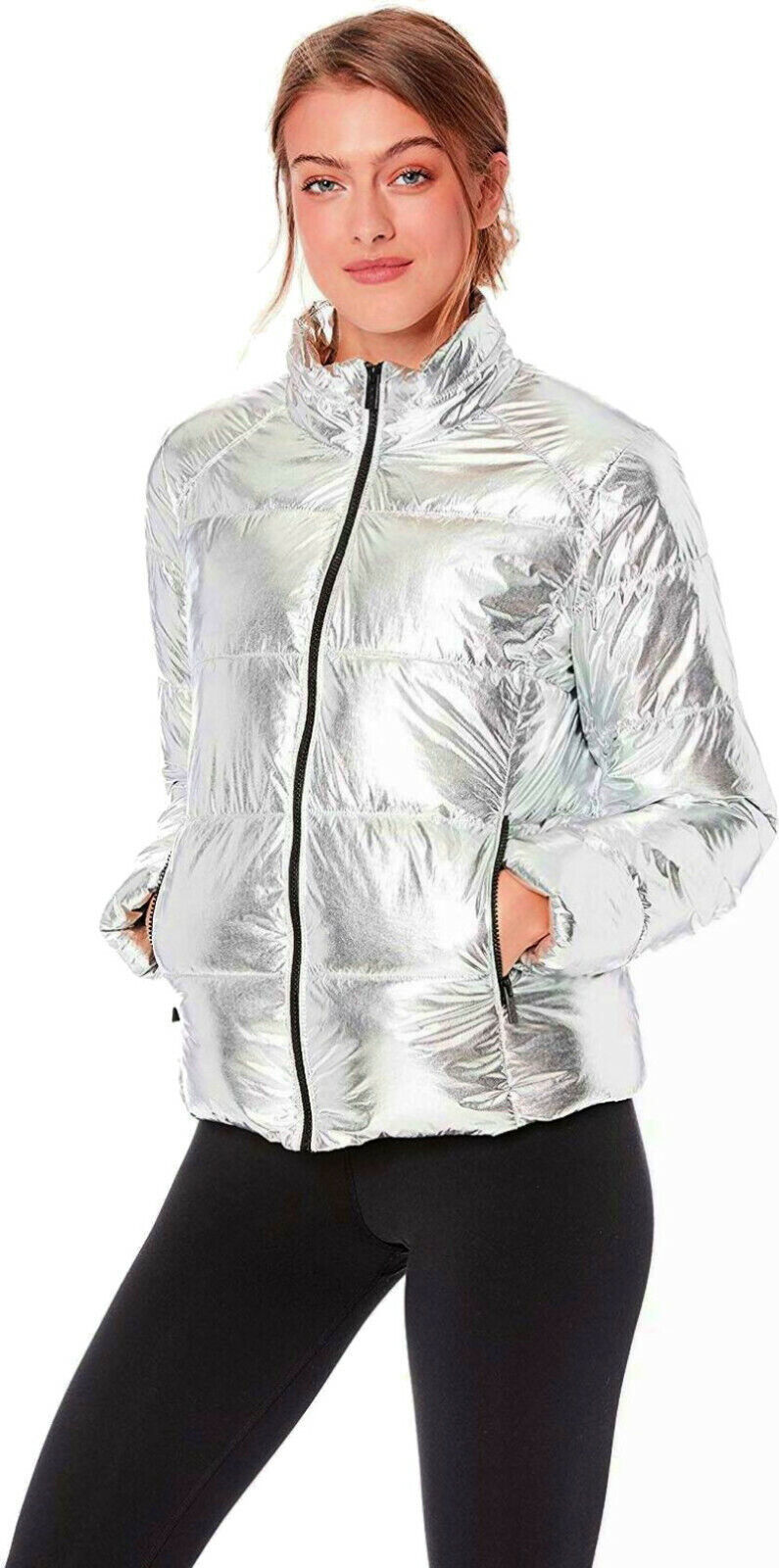 Marc New York Metallic Puffer Jacket X Large XL Silver Stand Collar Quil... - $78.31