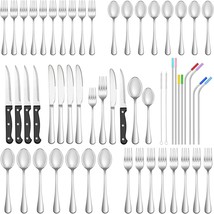 56 Pcs Silverware Set with Steak Knives and Metal Straw for 8 Stainless Steel Fl - £32.05 GBP