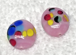 2 Vintage Art Glass Beads Yellow Pink w Colored Speckles 5/8W 3/4L Rounds - $5.45