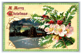 Night View Church Pine Bough Merry Christmas Embossed DB Postcard J18 - $3.91