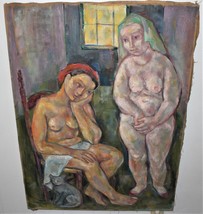 Emanuel Romano Mother and Beatrice Original 30x40 Oil on Burlap Painting, Signed - £955.05 GBP