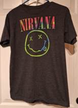 Nirvana Mens T-Shirt Size Large Gray Tie-Dye Logo Smiley Face Logo Grunge Rock - £11.37 GBP