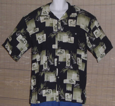 Hilo Hattie Hawaiian Shirt Black Green Tan Palm Trees Island Huts Size XL - £19.63 GBP