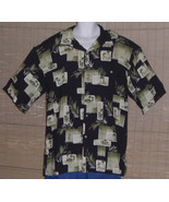 Hilo Hattie Hawaiian Shirt Black Green Tan Palm Trees Island Huts Size XL - $24.99