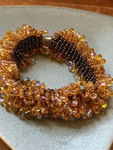 Estate Handmade Wide Amber Carnival Glass Like Frilly Cluster Bead Bracelet w Ma - £19.20 GBP